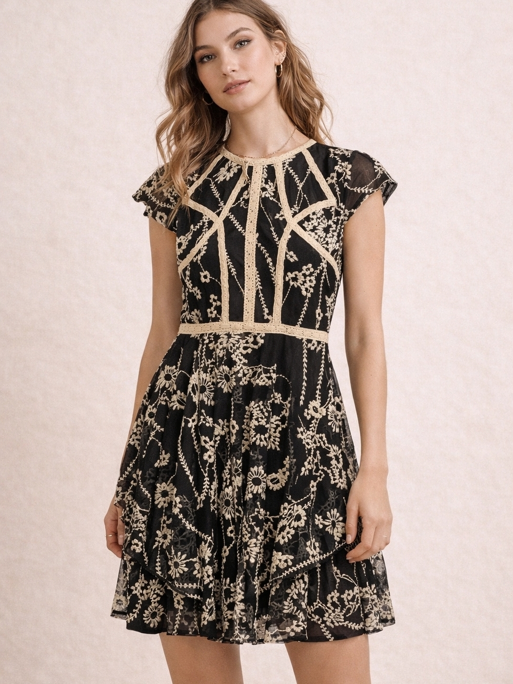 Free People Black Mini Dress with Cream Embroidery